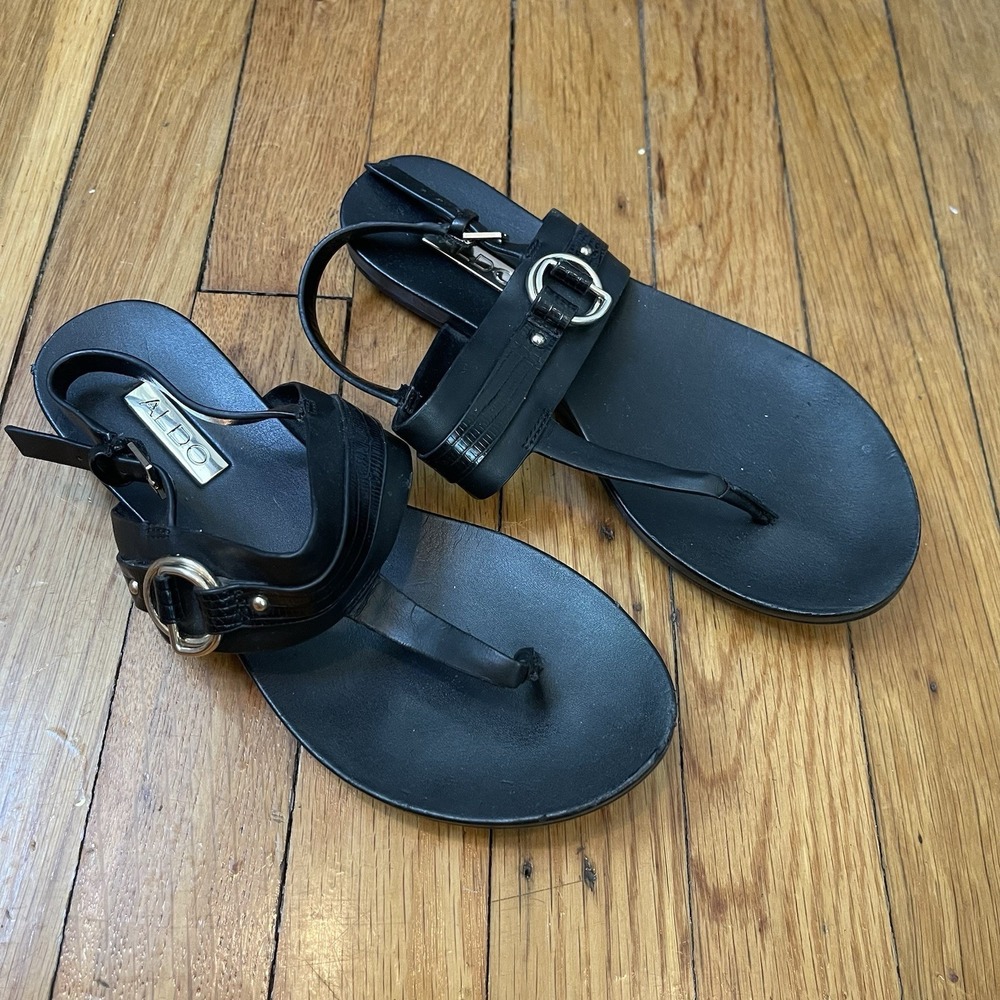 ALDO Women's 6.5 Black Thong Sandals Ankle Strap Buckle Flat Casual